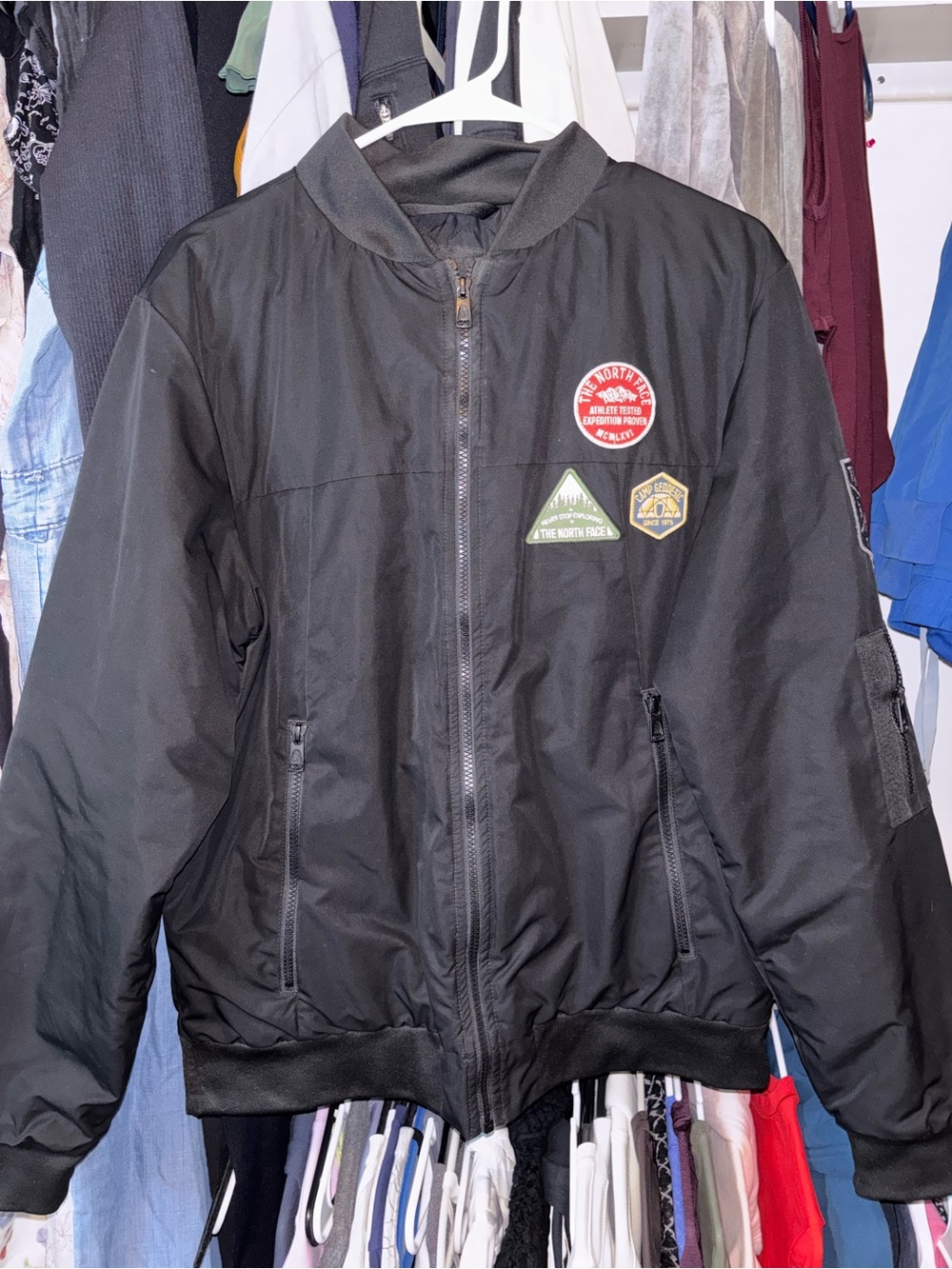Men's NorthFace Black Bomber Jacket with Patch Details